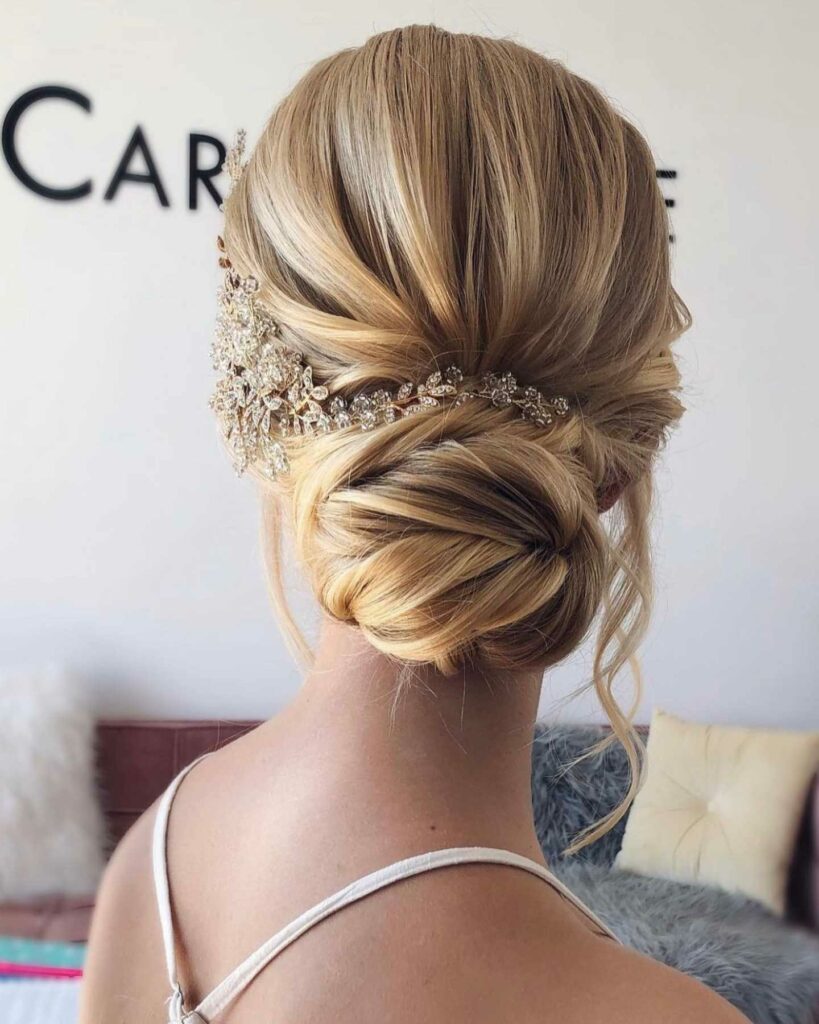 gorgeous bohemian wedding hair updo ideas with hair accessories