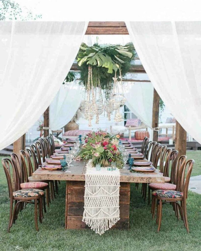 rustic boho wedding backdrop with macrame decorations