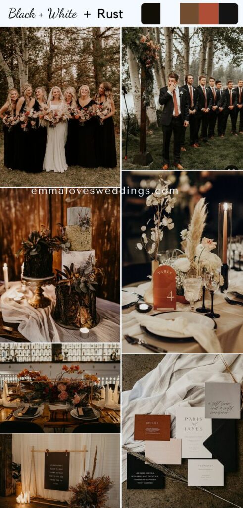 A January winter wedding with black white and rustic colors is trendy and warm