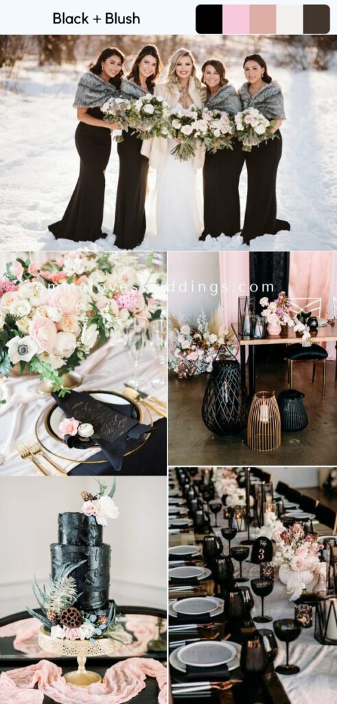 A stunning blend of sleek black and subtle blush tones will enhance your winter wedding's romance