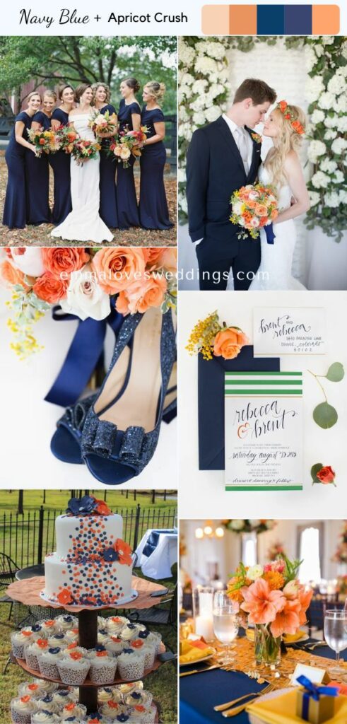 Navy blue and Apricot Crush make a vivid color palette for a January winter wedding