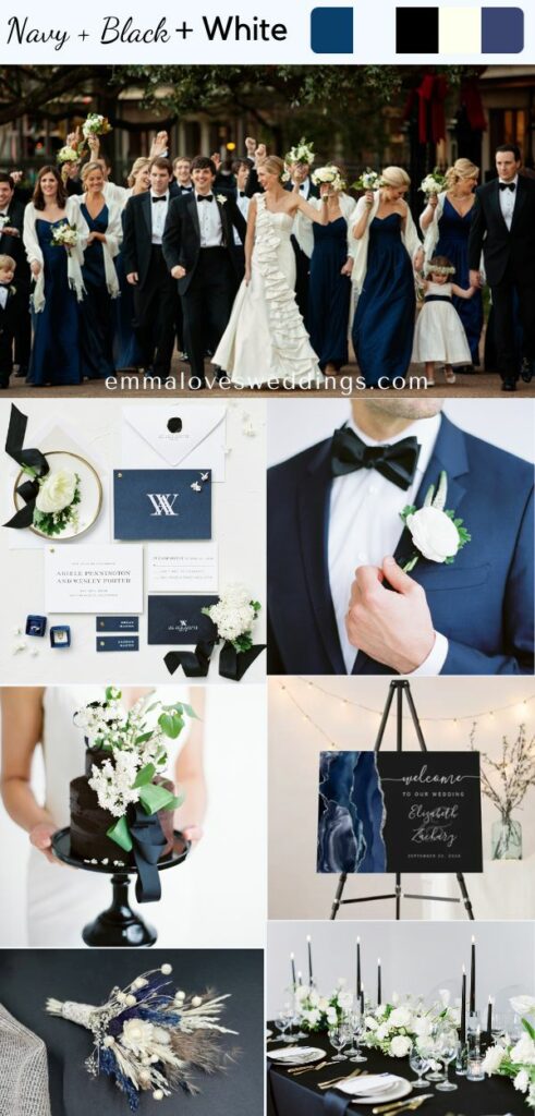 The blend of navy blue black and white offers a timeless elegance to a winter wedding