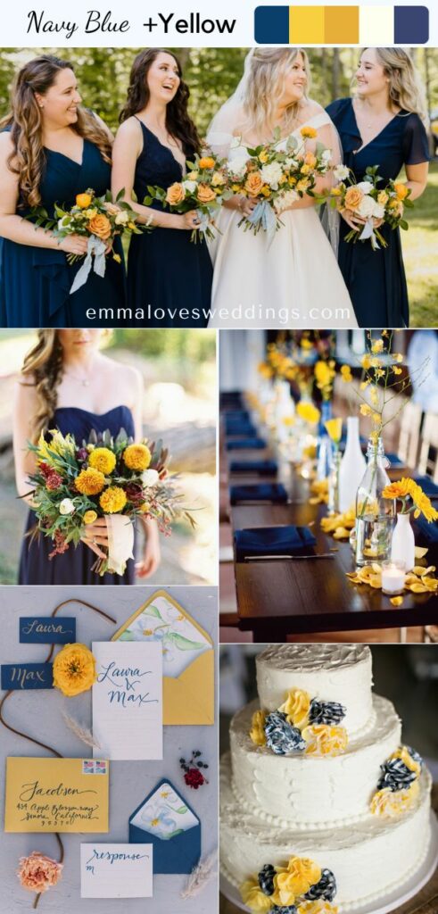 The bright yellow and dark navy blue color scheme is lovely and welcoming perfect for a stunning winter wedding
