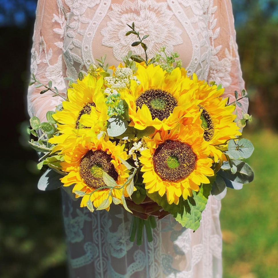 artificial sunflower with greenery wedding bouquet