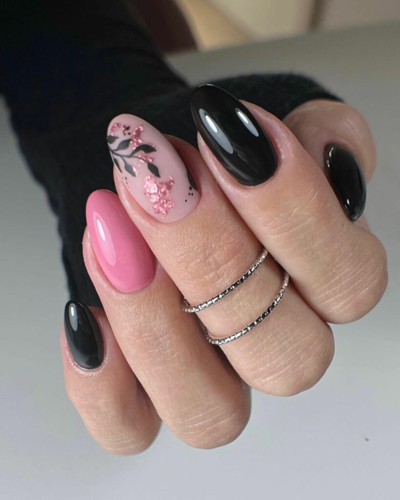 black and pink classy fall wedding nails art