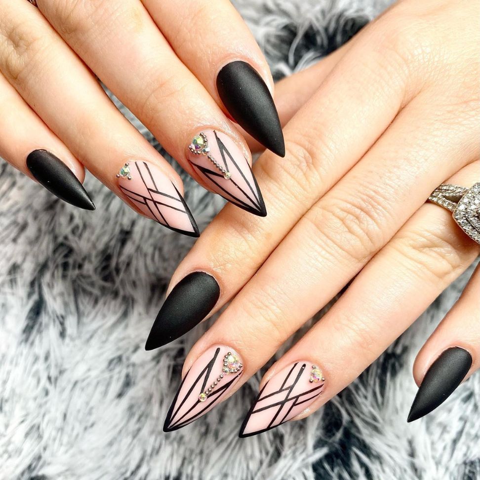 black classy stiletto black wedding nails