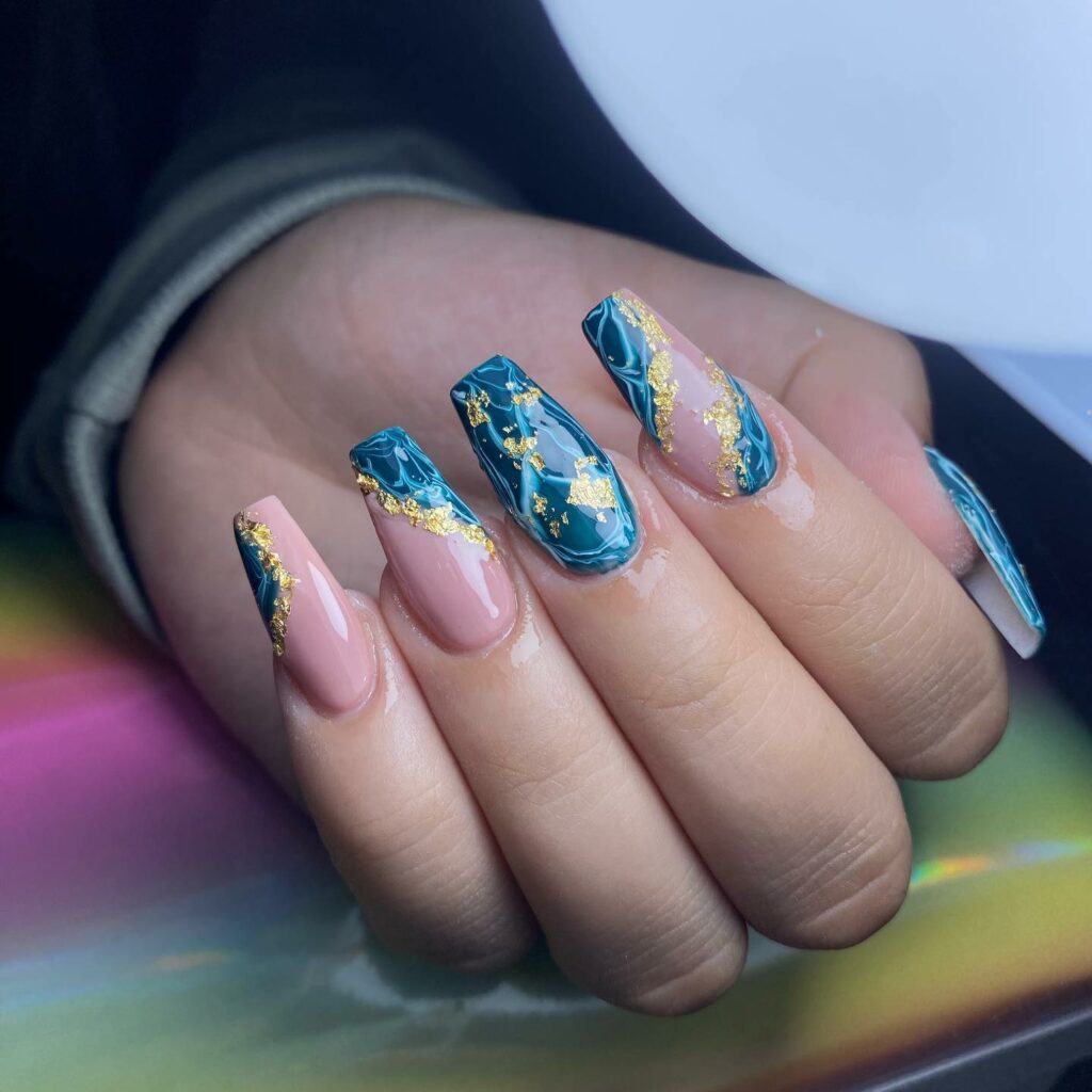 blue and pink classy marble gold coffin wedding nails