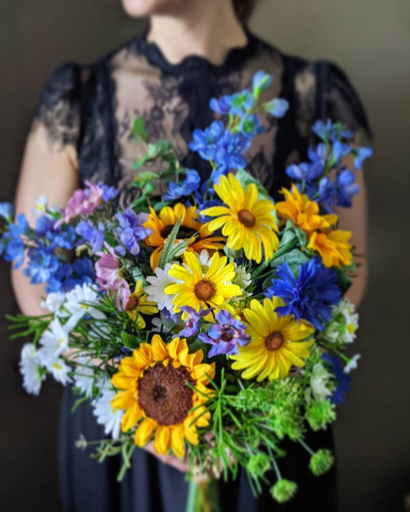 blue and purple sunflower theme wedding bouquet