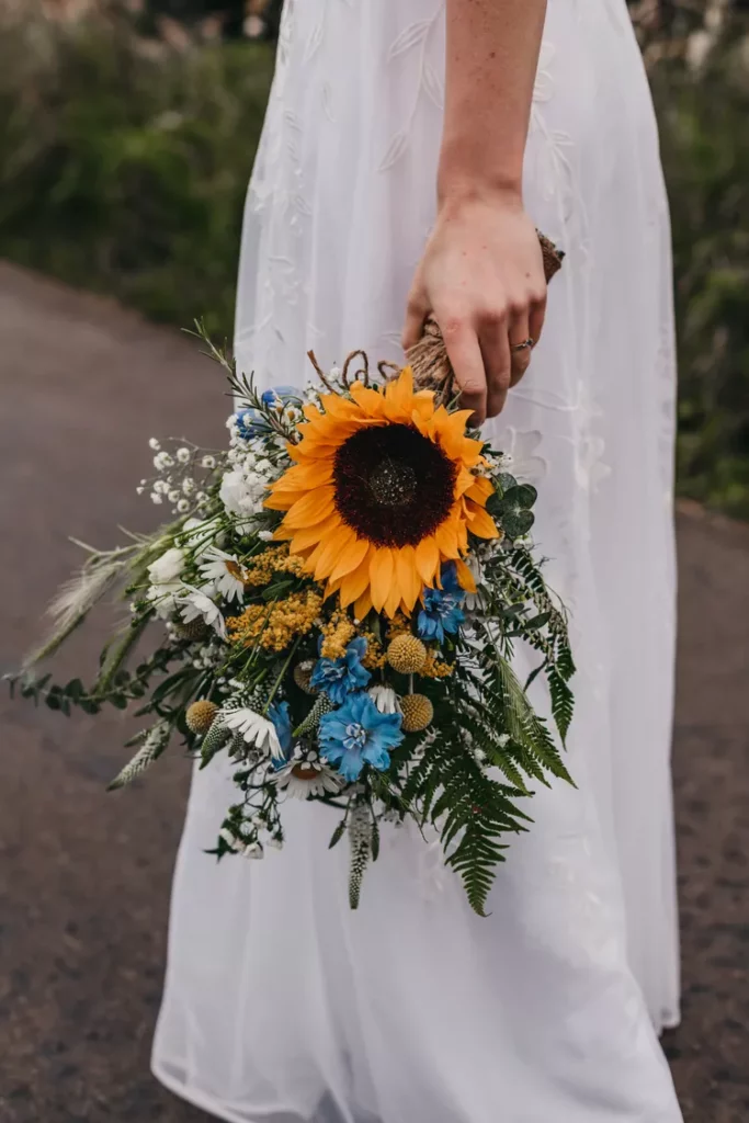 boho theme rustic sunflower wedding bouquet