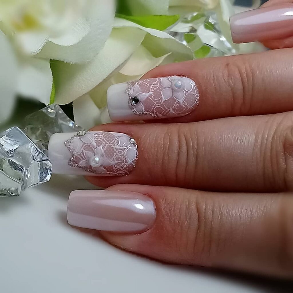 bridal nude lace nails design