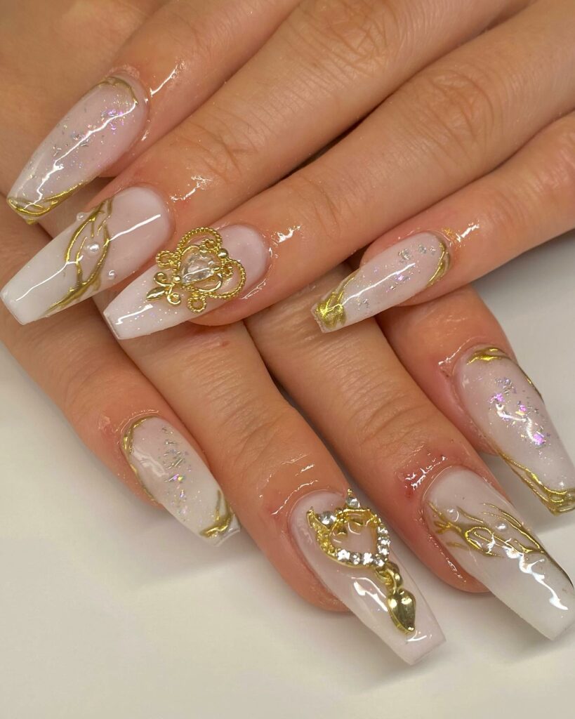 bridal white and gold pearl nails design