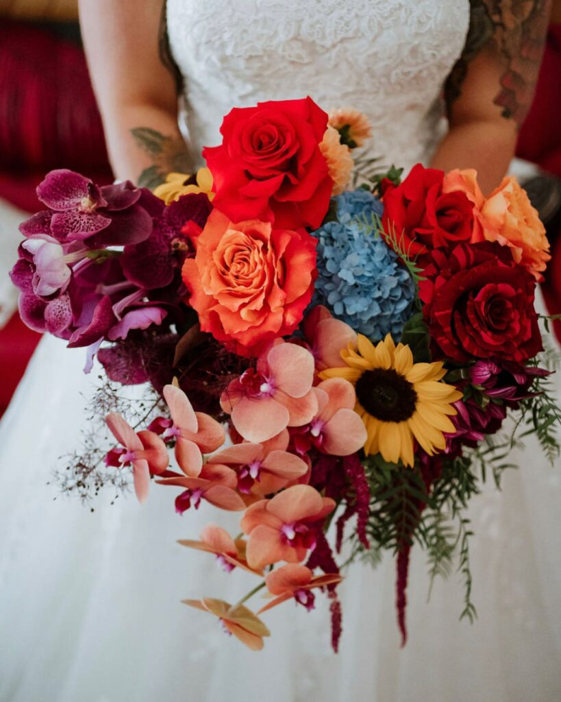 bright and moody floral sunflower fall bridal bouquet