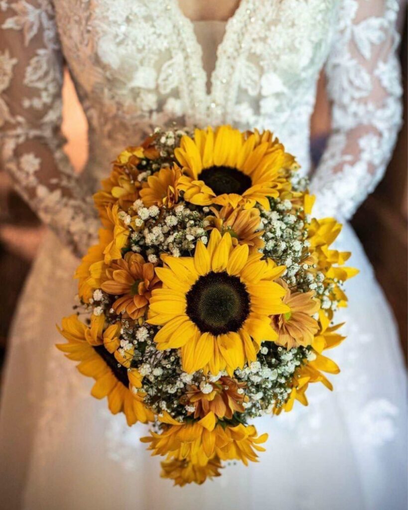 bright yellow baby's breath sunflower wedding bouquet