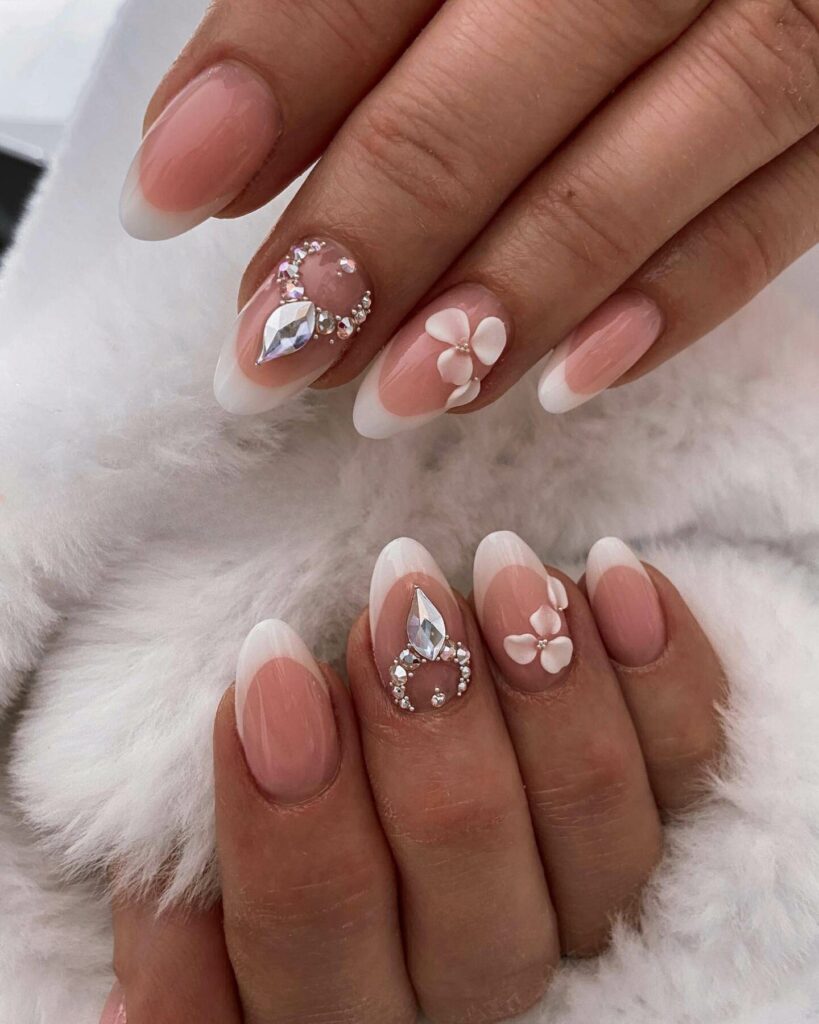 classy and nude pearl adorn French manicure wedding nails