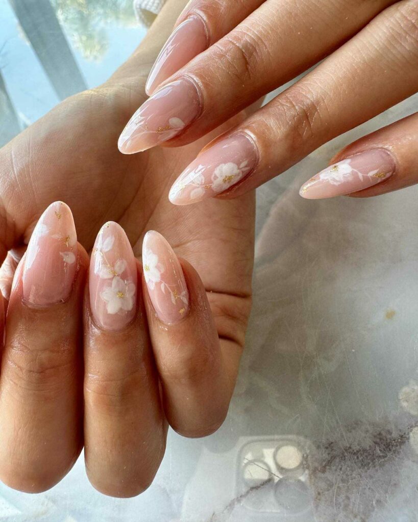 classy floral nude wedding nails