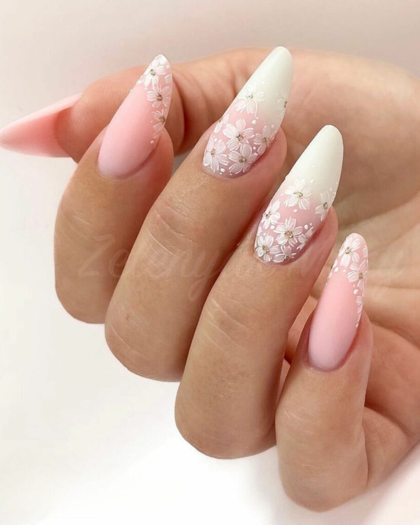 classy milky rose floral wedding nails ideas