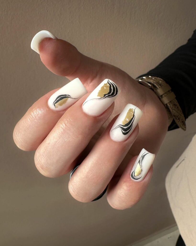 classy milky white and gold art wedding nails