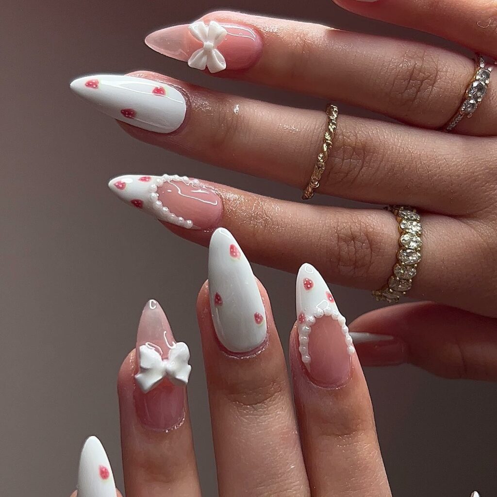 classy white and natural art pearl adorn wedding nails