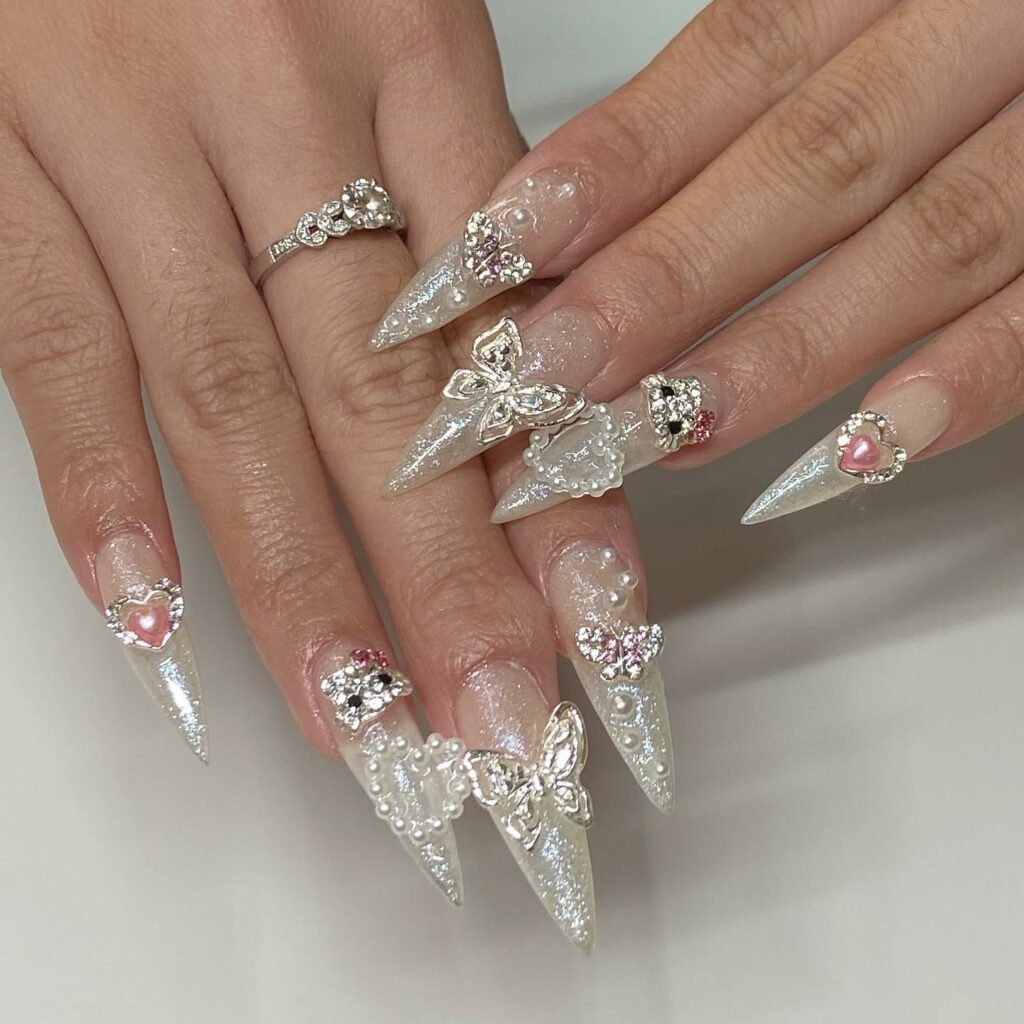 classy white pearl adorn stiletto wedding nails