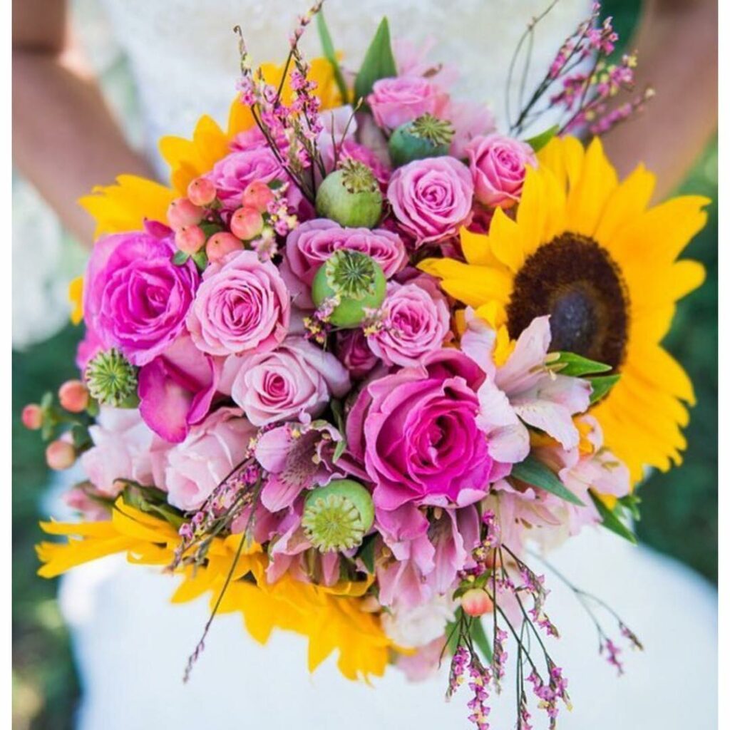 colorful sunflower summer theme pink wedding bouquet