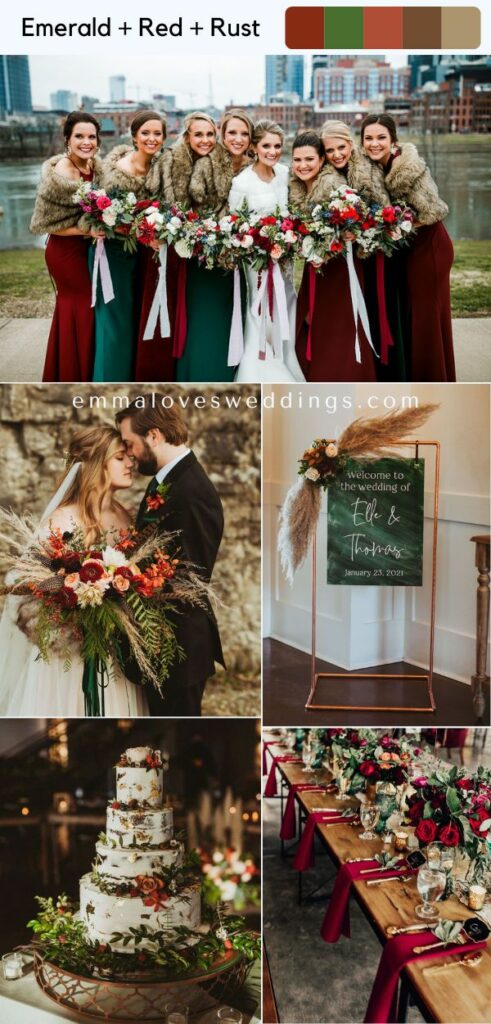 colors of emerald, red and rust create a winter wonderland for a December wedding