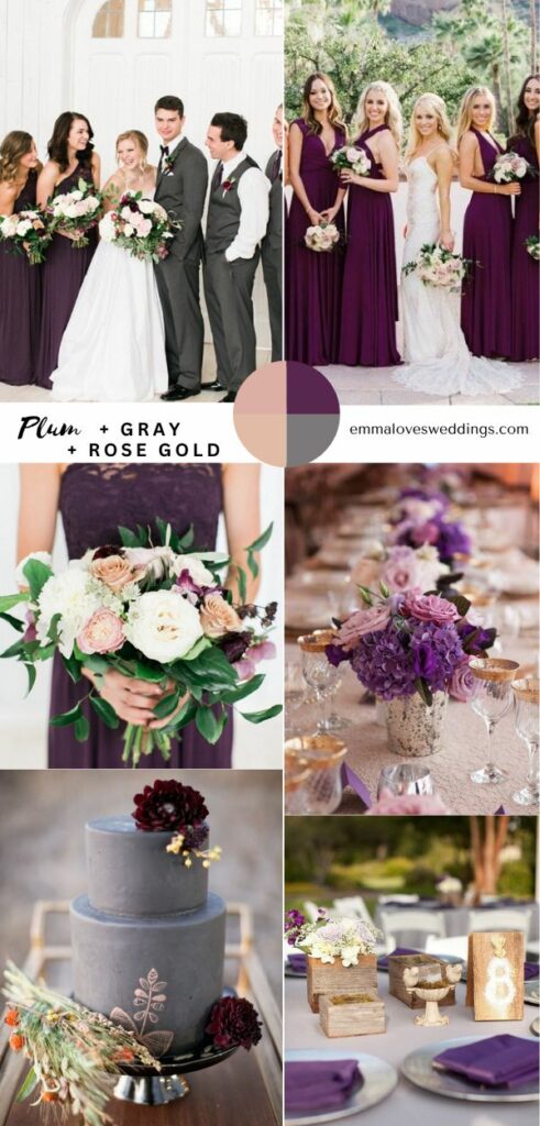 cool and warm plum, gray and rose gold September colors for fall wedding