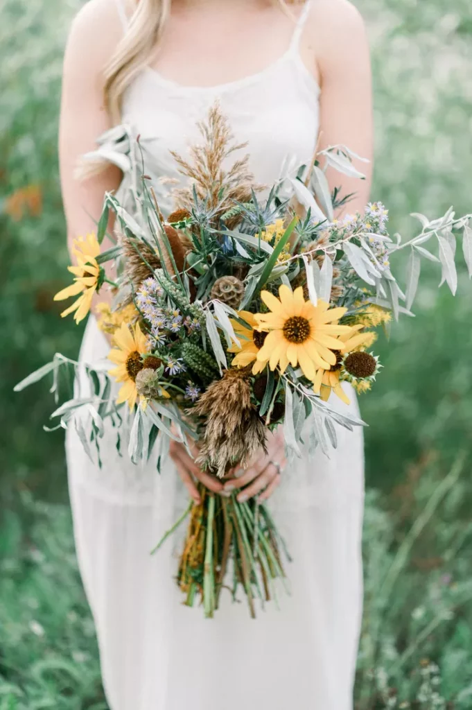dried sunflower rustic wedding bouquet
