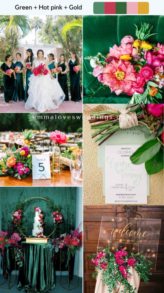 embrace the vibrant warmth of a winter wonderland with green hot pink and gold wedding colors