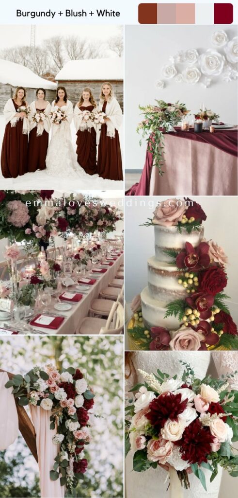 enjoy the magic of winter wonderland December wedding with a color scheme of deep burgundy, delicate pink and classic white