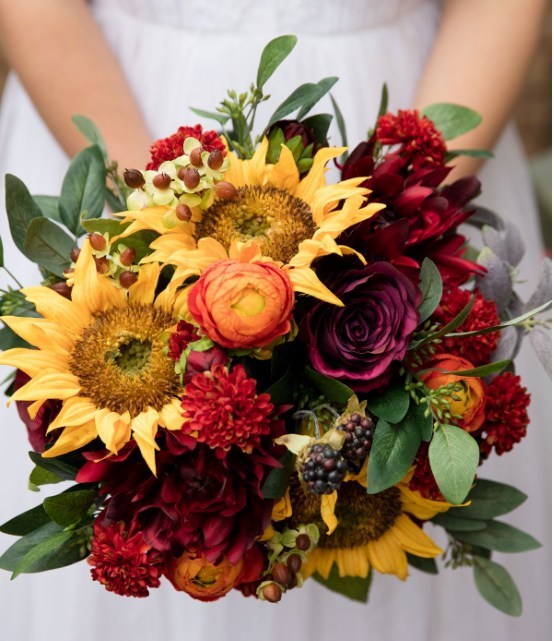 fall accent deep color sunflower autumn wedding bouquet