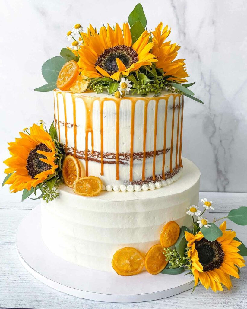 fall sunflower two tiered wedding with rustic vibe