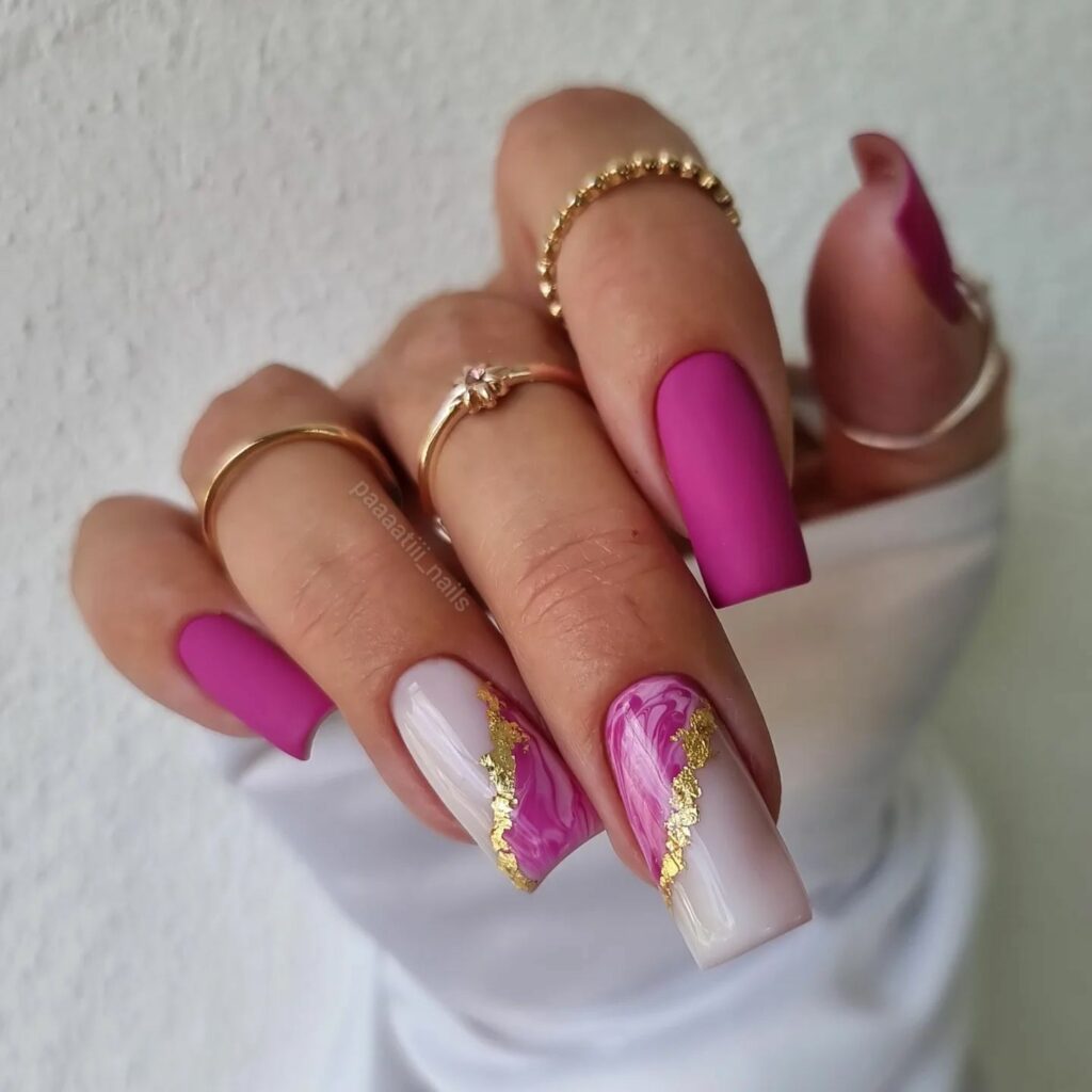 fuchsia pink and gold classy wedding nails ideas
