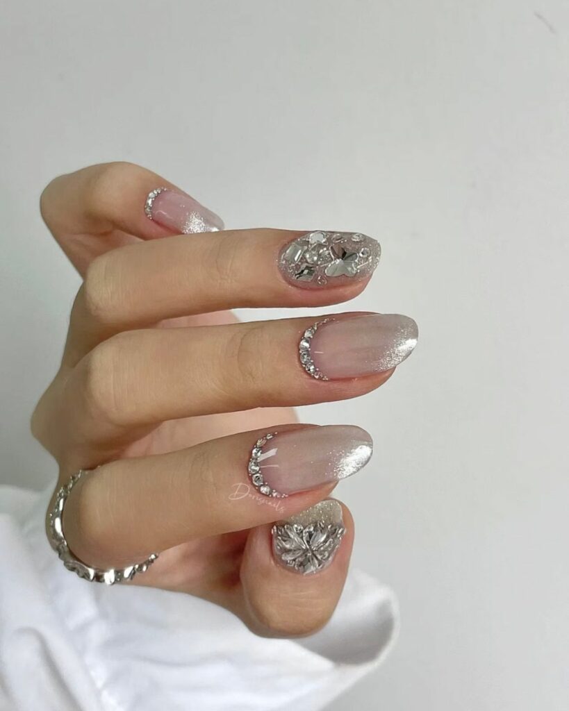 glossy silver rhinestone bridal nails art