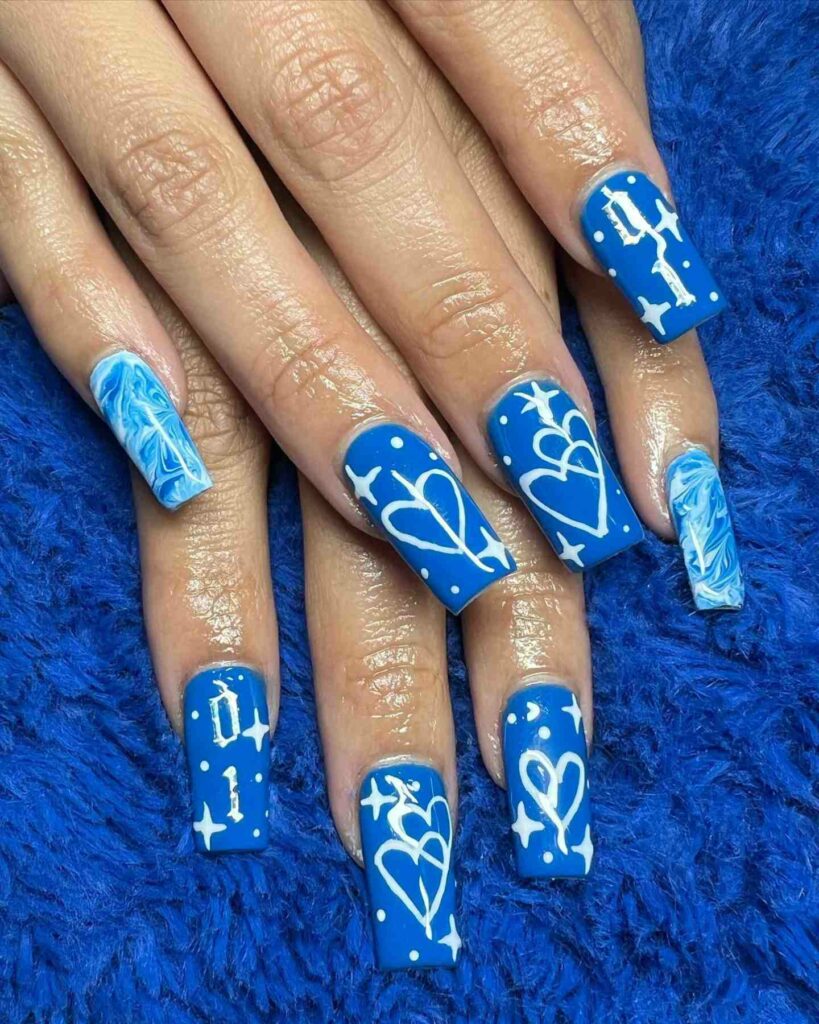 light and dark classy blue square wedding nails