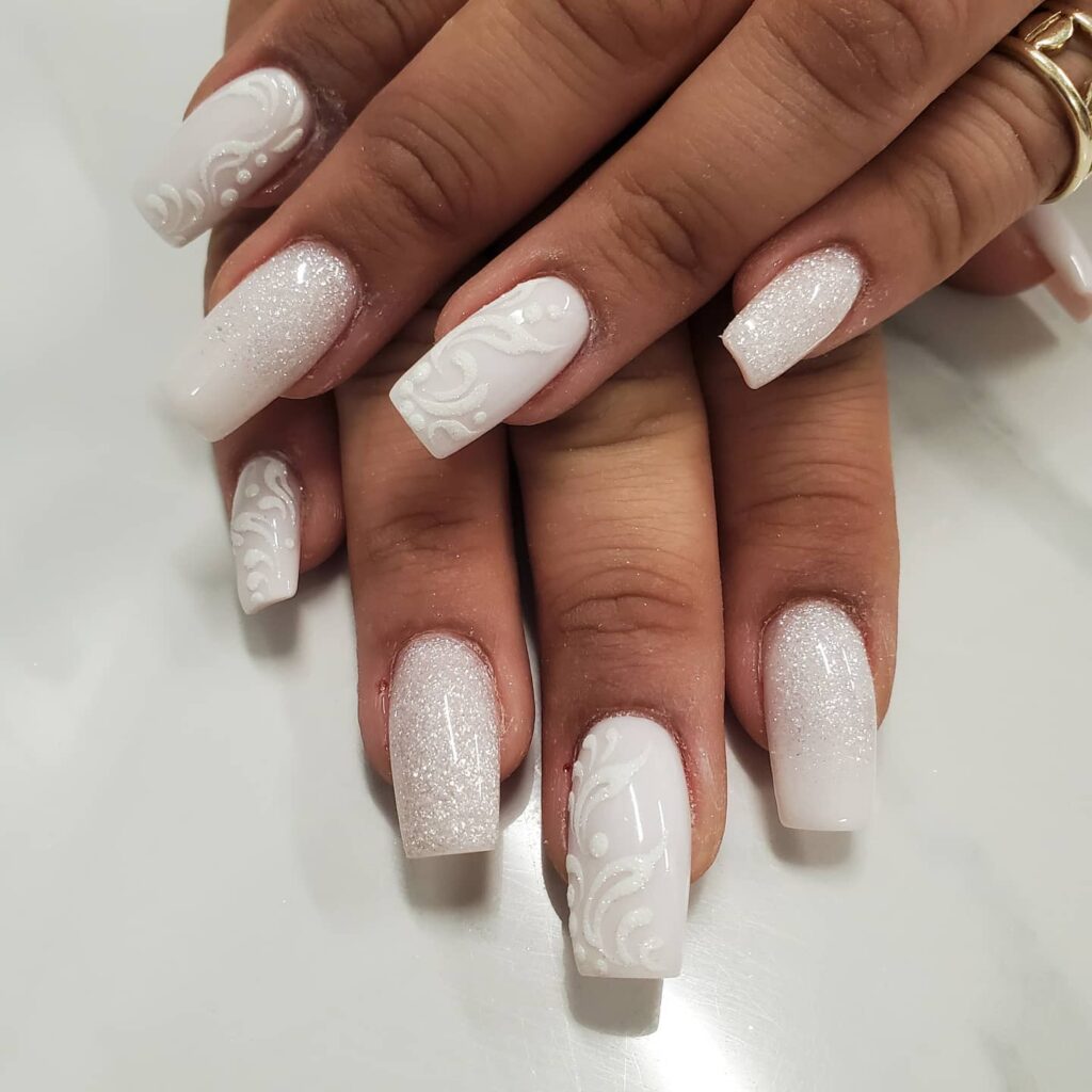 milky white and silver bridal classy wedding nails art