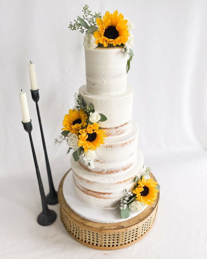 multi tiered sunflower naked wedding cake