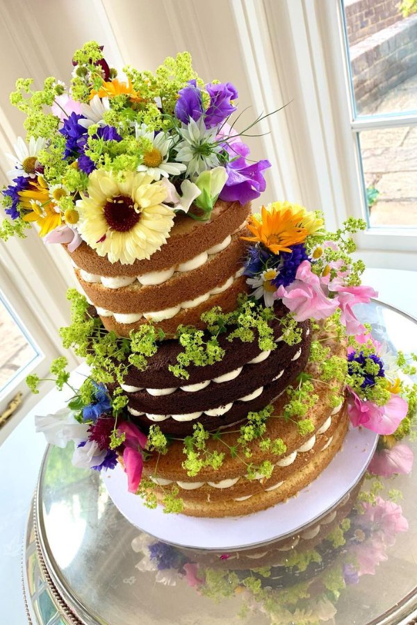 naked sunflower colorful bohemian wedding cake