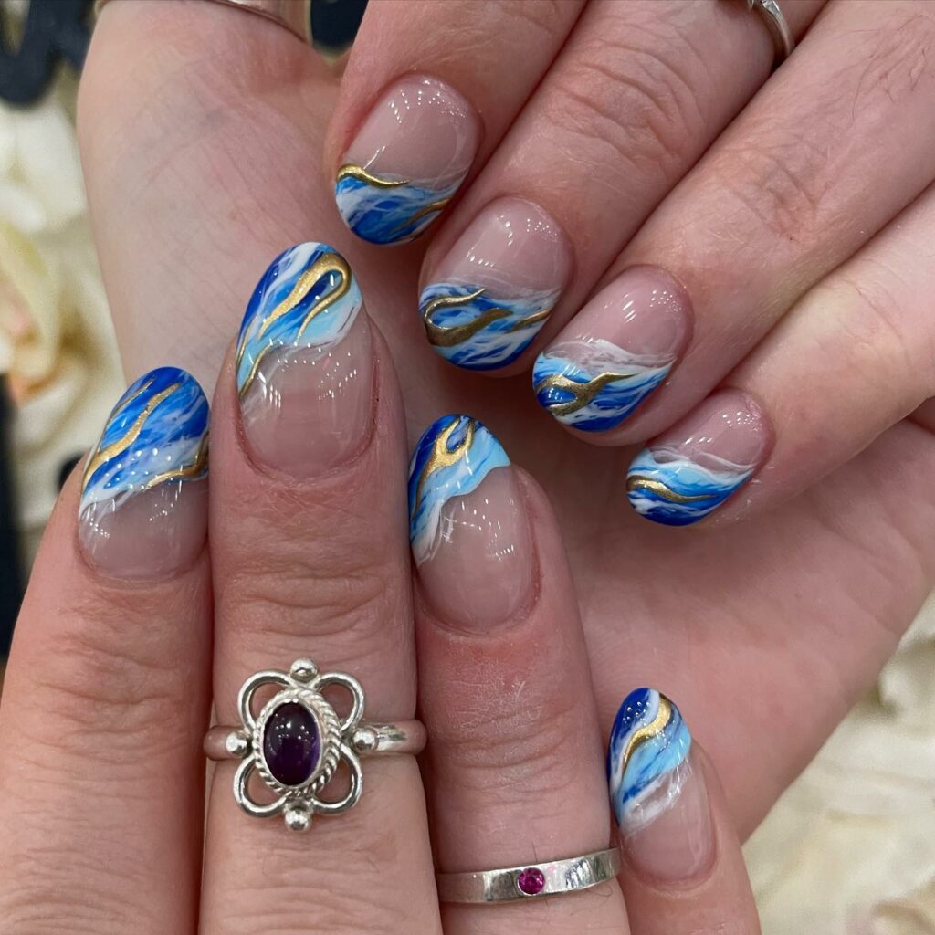 negative space blue and gold wedding nail designs