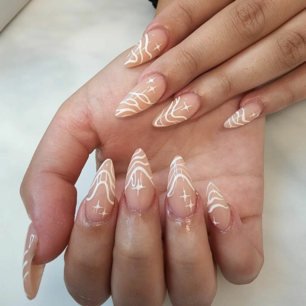 nude and white stripes bridal acrylic nails design