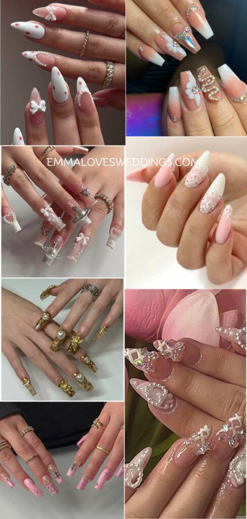 pearls and floral classy wedding nails ideas