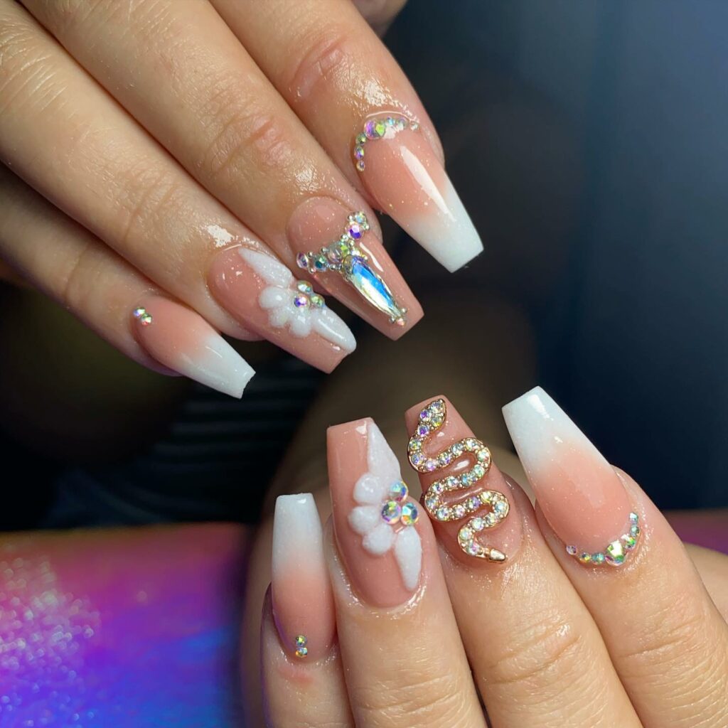 pearls decorated classy nude coffin wedding nails