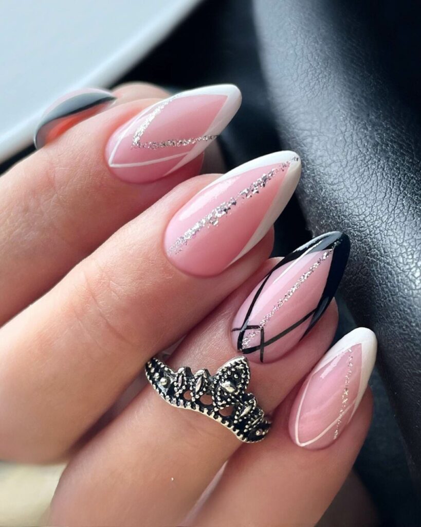 pink and black bridal silver sparkling nail design