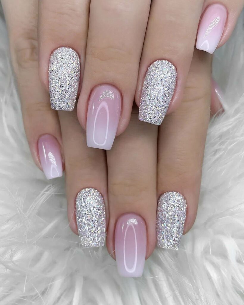 pink and silver classy ombre nails design
