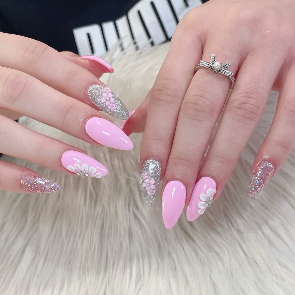 pink and silver glitter classy floral adorn wedding nails