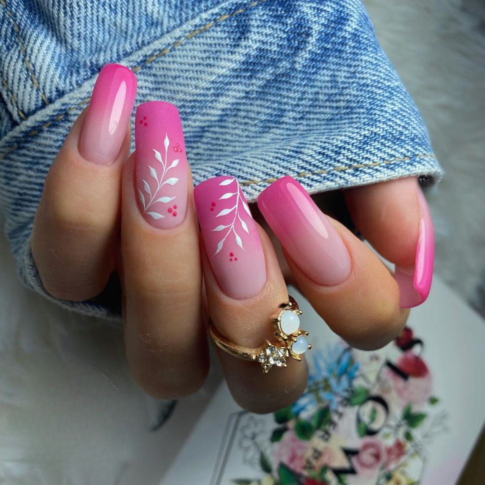pink and white leaves ombre bridal nail designs