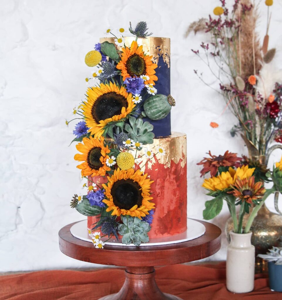 romantic sunflower burnt orange and navy blue with gold leaf