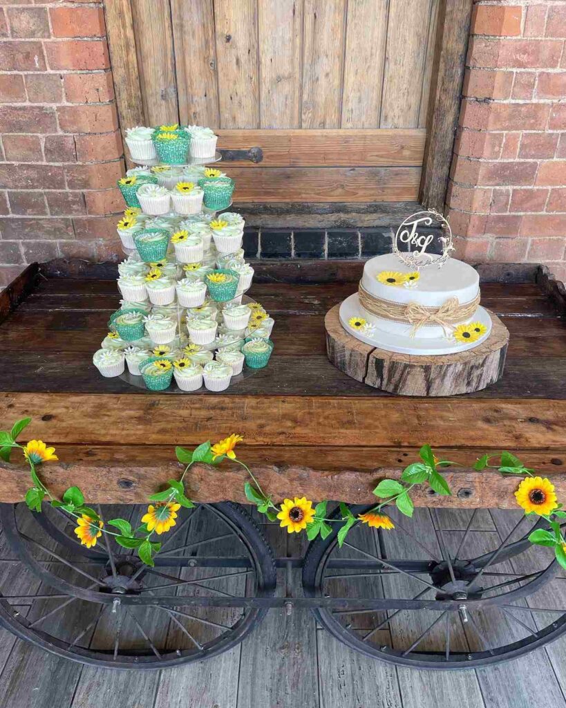 rustic decorated sunflower barn wedding cake