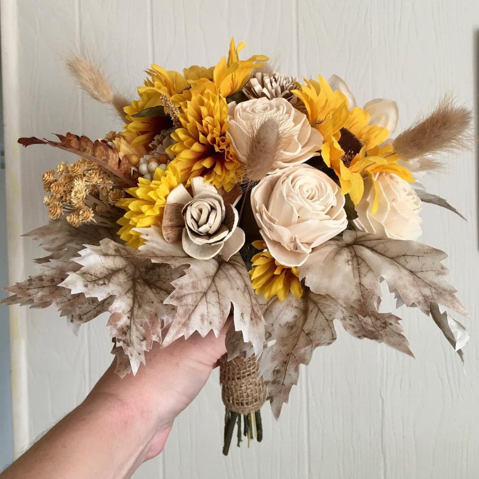 rustic sunflower solawood wedding bouquet for boho bride