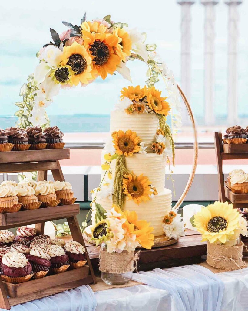 rustic sunflower wedding cake and dessert table ideas