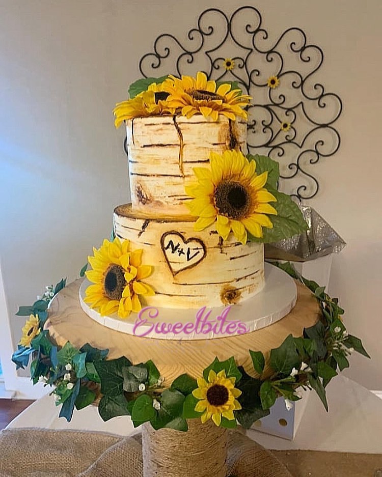 rustic wooden sunflower wedding cake